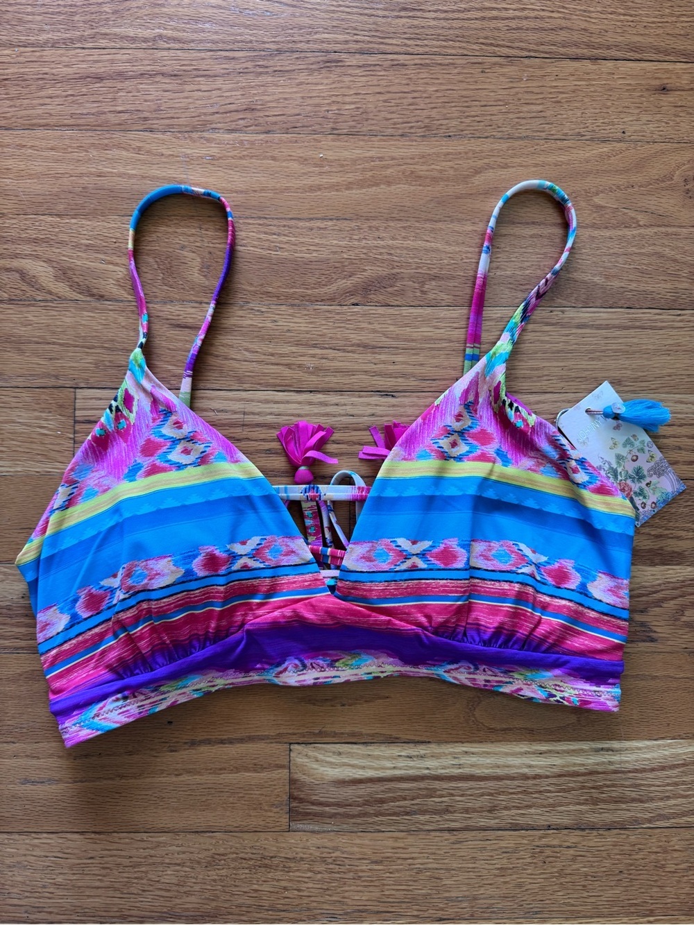 Johnny Was NWT Isabella Tie Back Striped Bikini Top — Blue, Pink, Yellow